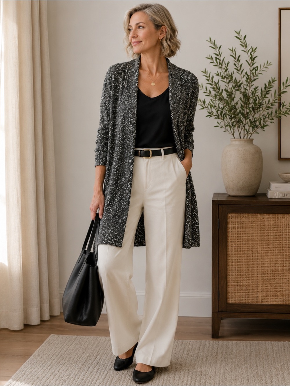 Eileen Fisher XL 100% Cotton Open Front Long Cardigan Black White Textured Knit